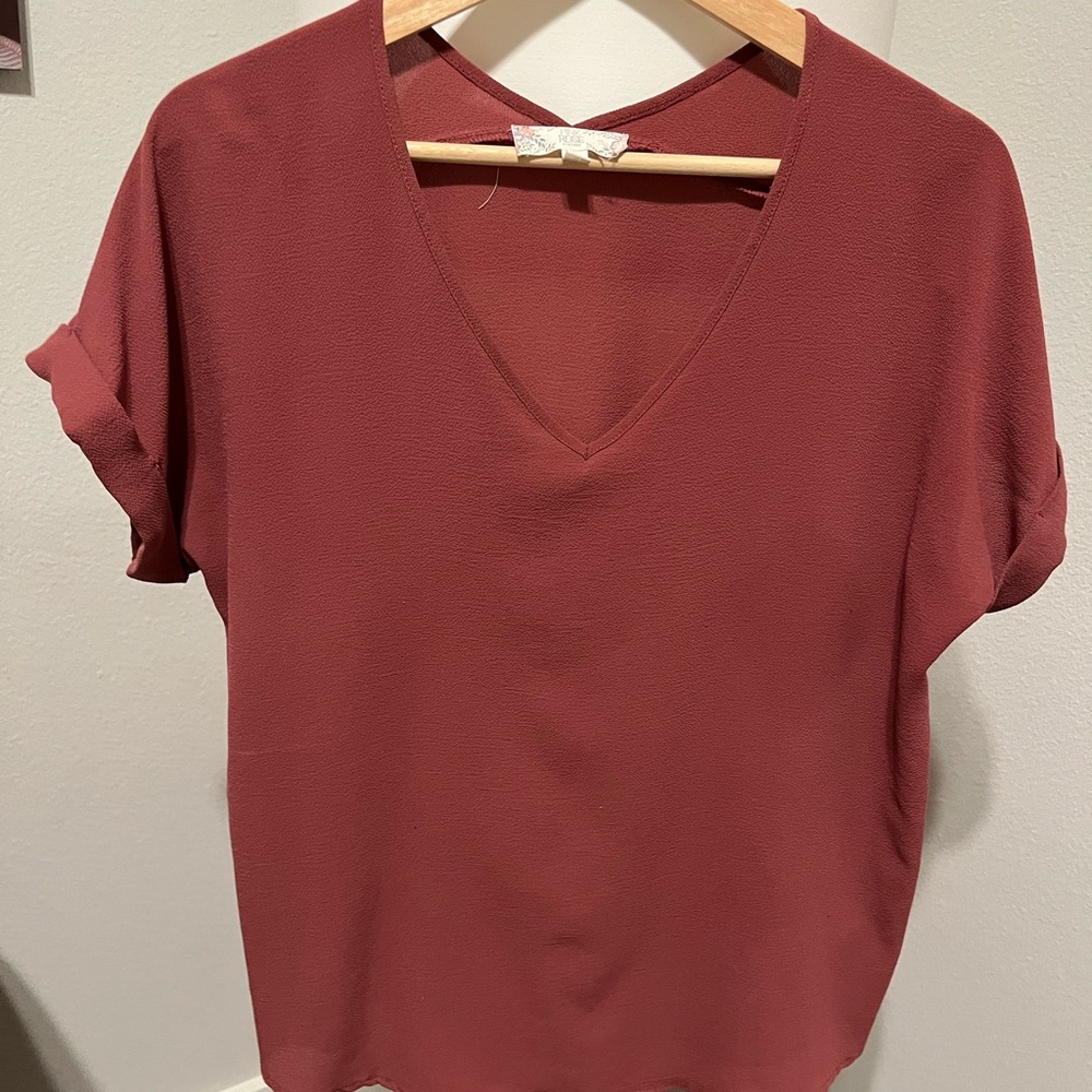 Pink Rose Brick-Tone/Mauve V-Neck Short Sleeve Blouse